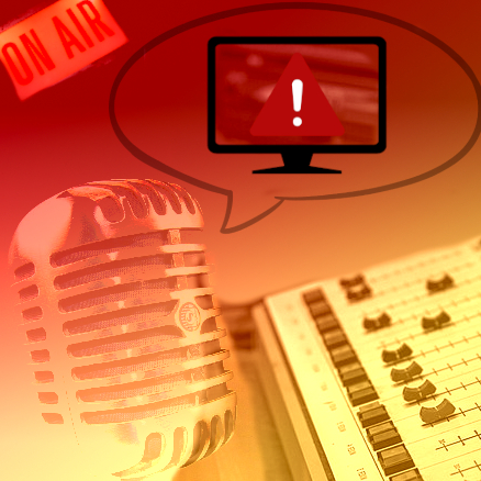 Representation of a radio broadcast microphone super-imposed on a background of broadcast studio with a comic book word balloon indicating a technical problem