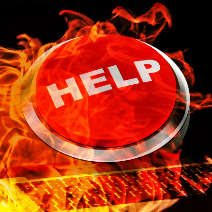 Representation of a fire engulfing a computer while calling for help